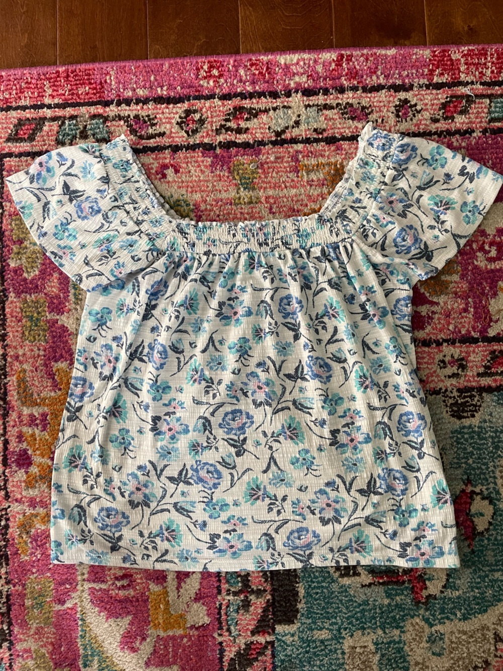 LC Lauren Conrad White Floral Off-Shoulder Top with Blue and Teal Flowers